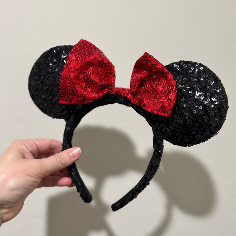 Official Disney Park Sequin Mouse Ears Headband with Red Bow